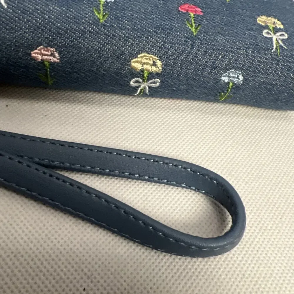 NWT Betsey Johnson Zip Around Wallet Wristlet Blue Denim W Embroidered Flowers